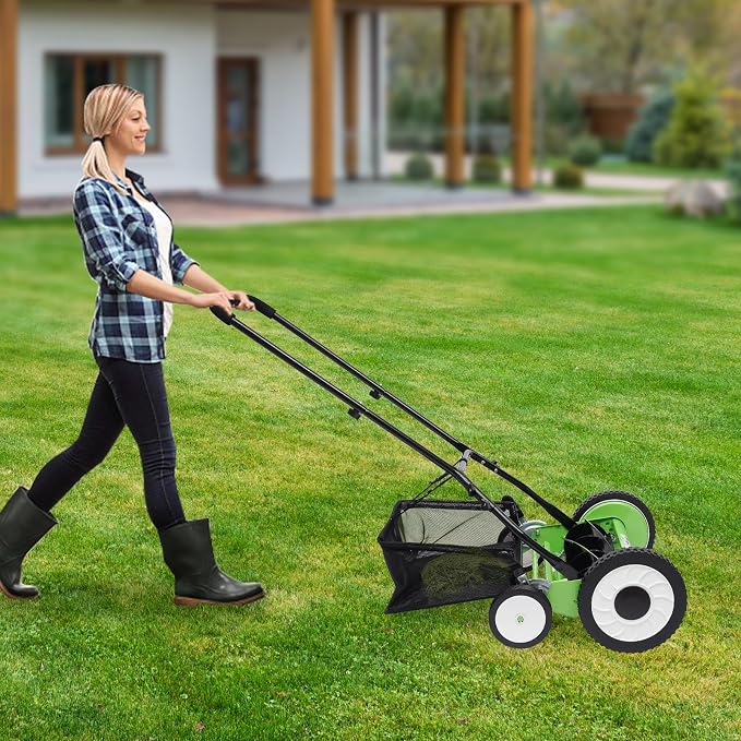 16-Inch Manual Lawn Mower, Adjustable Heights & Efficient Grass Catcher with Collection Bag Push Reel Lawn Mower Push Lawn Sweeper for Garden Yard Park (16-Inch Sweeper)