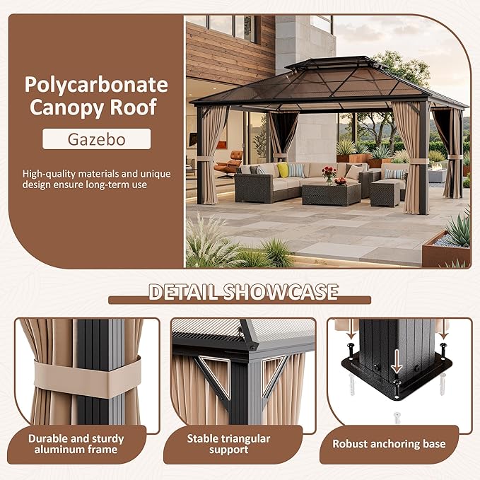 AirWire 12'x16' Hardtop Gazebo, Outdoor Polycarbonate Roof Canopy, Aluminum Frame Permanent Pavilion with Curtains and Netting, Sunshade for Garden, Patio, Lawns