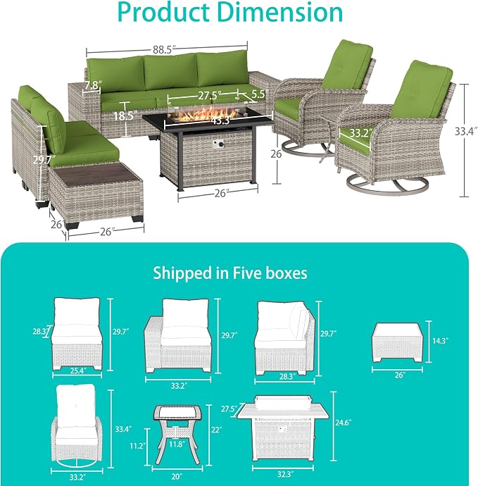 10-Piece Outdoor Patio Furniture Set with Rocking Swivel Chair, PE Wicker Rattan Sectional Sofa Patio Conversation Set with 55,000 BTU Fire Pit Table & Coffee Table, Avocado Green