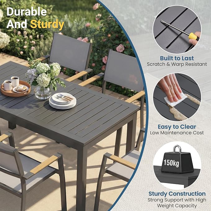 Wisteria Lane Aluminum Outdoor Patio Table and Chairs Set with 91.7" L-62 L Expandable Dining Table, 9-Pieces Outdoor Dining Set for 8, Patio Furniture Set with Stackable Quick Drying Chairs, Grey