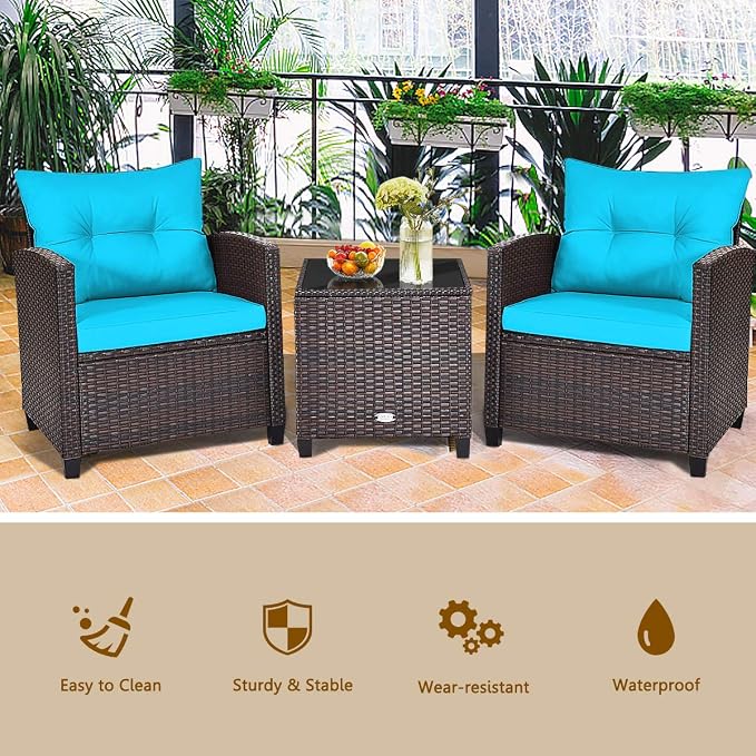 Modern Turquoise 3-Piece Wicker Patio Furniture Set with Water-Resistant Cushions & Tempered Glass Table
