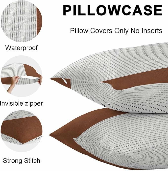 Boho Brown Leather Texture Outdoor Pillow Covers 24x24 Inch Throw Pillow Covers Set of 2 Waterproof Decorative Pillow Cases Modern Black Striped Cushion Covers for Patio Furniture Garden Couch Sofa
