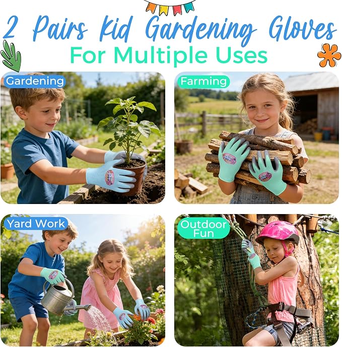 HANDLANDY 2 Pairs Kids Gardening Gloves, Grippy Kids Work Gloves, M | Foam Nitrile Coated Children Toddler Garden Yard Work Cycling Outdoor Playing Gloves for Girls Boys