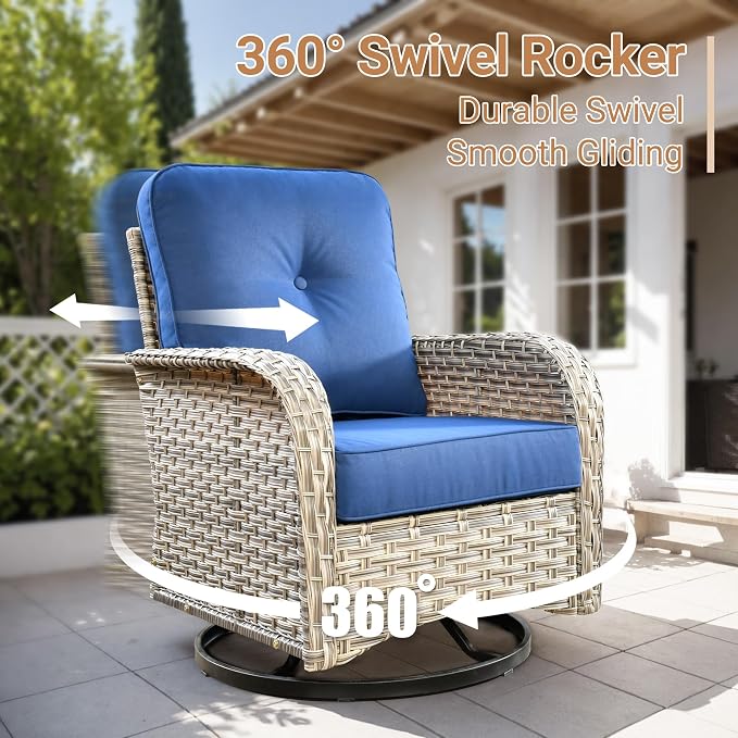 HOOOWOOO Outdoor Patio Furniture Set with Fire Pit Table,9 Pieces Wicker Out Door Sectional Furniture L Shaped Couch,Outside Patio Conversation Sets Swivel Chair,Navy Blue