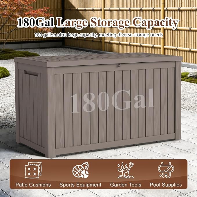 180 Gallon Waterproof Resin Outdoor Storage Box, Lockable & UV Resistant | Patio Deck Boxes, Outside Storage for Patio Cushions, Pool Toys, Garden Tools & Package Delivery, Brown