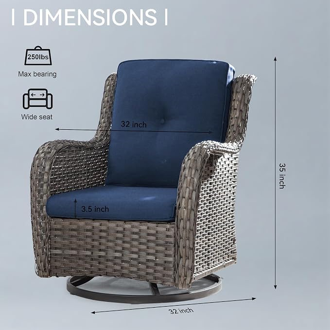 Outdoor Swivel Rocker Wicker Chair, High Back Swivel Patio Chairs Wicker Furniture, 1PC Rattan Swivel Rocking Chair with OIefin Cushions(Mixed Grey/Dark Blue)