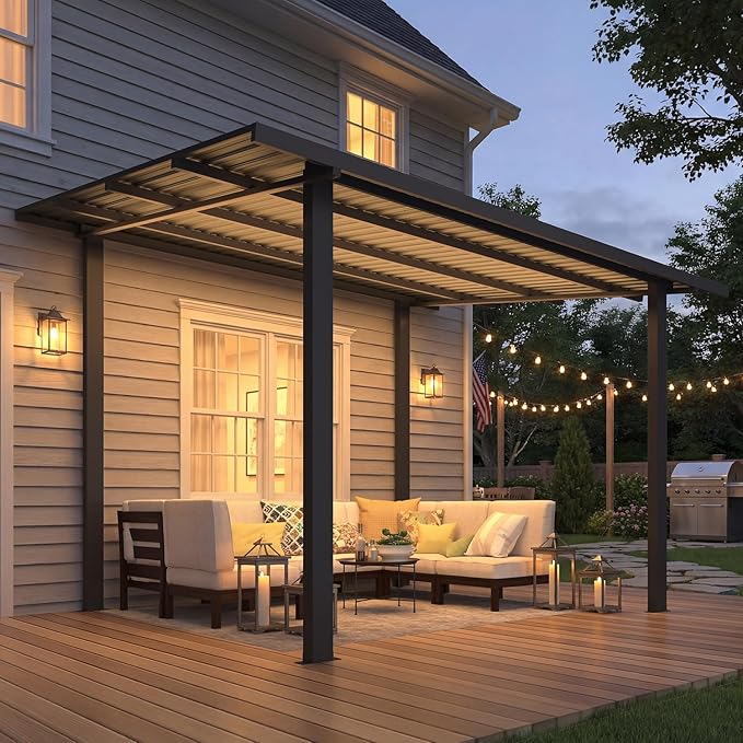 AECOJOY 12' x 8' Outdoor Hardtop Lean to Gazebo for Patio, Large 8x12 Metal Pergola Gazebo, Wall-Mounted Pergolas and Gazebos Clearance, Galvanized Steel Metal Patio Roof Awnings for Patio