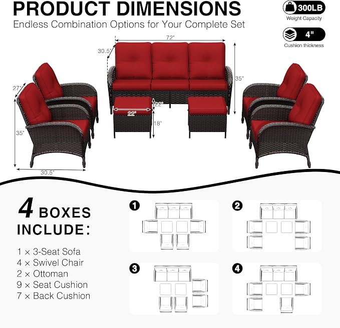 Joyside Wicker Patio Furniture Set, 7 Piece Outdoor Furniture Set with Thickened Cushions, High Back, Deep Seating, Wide Armrest, Rattan Outdoor Chairs for Porch, Deck