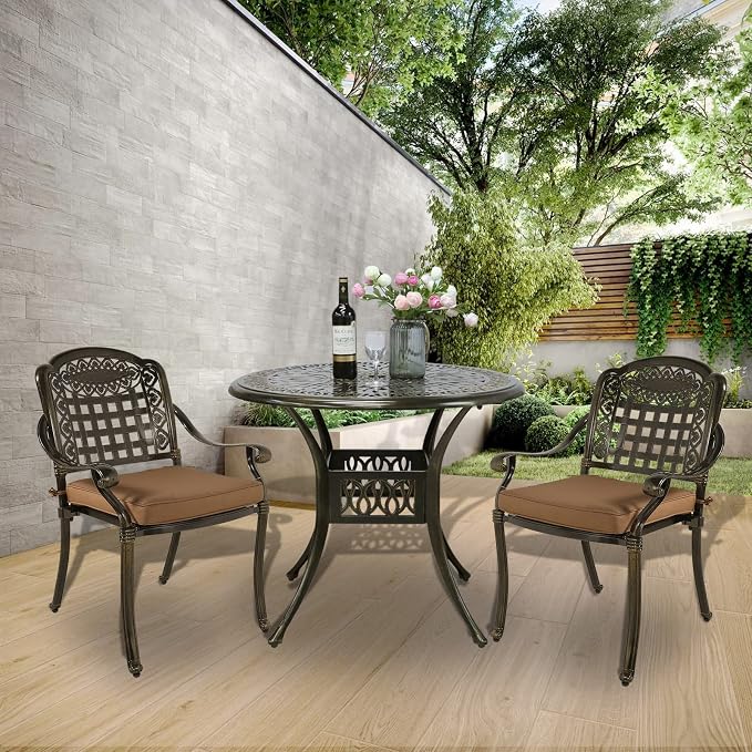 MEETWARM 3 Piece Patio Bistro Set, Outdoor All-Weather Cast Aluminum Dining Furniture Set Includes 2 Chairs with Cushions and a 35.4” Round Table with Umbrella Hole for Garden Deck