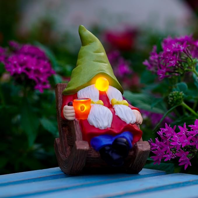 Solar Powered Relax Garden Gnome Statue, Rocking Chair Gnome 6.5“ with Glowing LED Nose & Coffee Cup, Hand Painted Resin Outdoor Indoor Decor Ornament for Patio Lawn Yard Home, Calming Novelty Gift