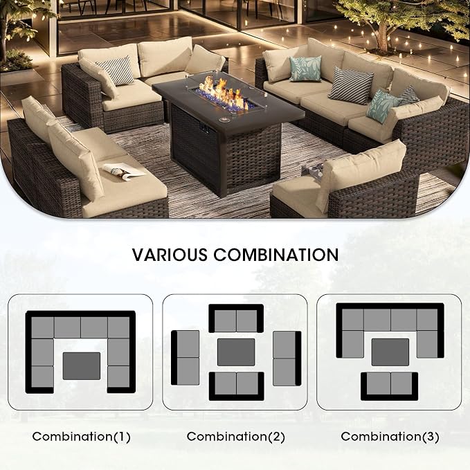 Patio Furniture Set 9 Pieces with 44" Fire Pit Table, Rattan Outdoor Sectional Conversation Sets, All Weather Outdoor Furniture Set with Cushions for Garden Lawn Balcony Porch Deck Beige