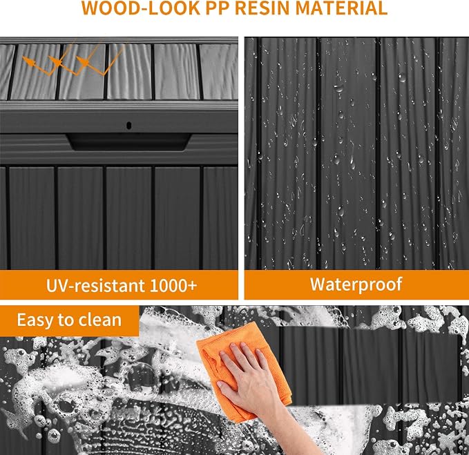 Vixzen 45 Gallon Waterproof Large Deck Box, Lockable Resin Outdoor Storage Box with Hydraulic Lid, Durable Storage Bin for Patio Furniture Cushions, Garden Tools, Pool Accessories, Balck