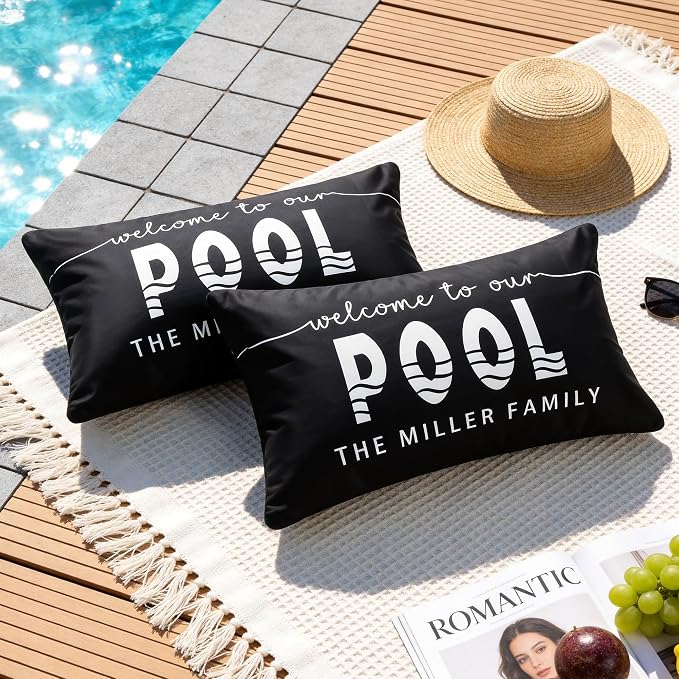 Waterproof Outdoor Pillow Covers 12x20 Inch Set of 2 | Welcome to Our Pool Black Outdoor Throw Pillow Covers, Summer Decorative Cushion Cases for Patio Garden Porch Sofa