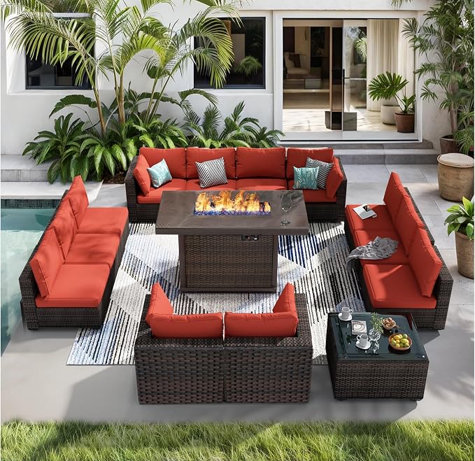 14 Piece Patio Furniture Set with Fire Pit Table, Outdoor Sectional Sofa PE Rattan, Patio Conversation Sets with Cushions for Garden Lawn Balcony Porch Deck Red