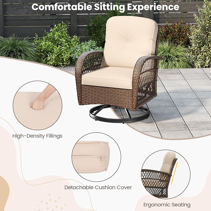 HAPPYGRILL 3 Pieces Outdoor Rattan Swivel Rocker Chairs Set with Tempered Glass Side Table, Outside Sectional Patio Conversation Furniture Set with Swivel Rocking Chairs for Deck Porch Garden (Beige)