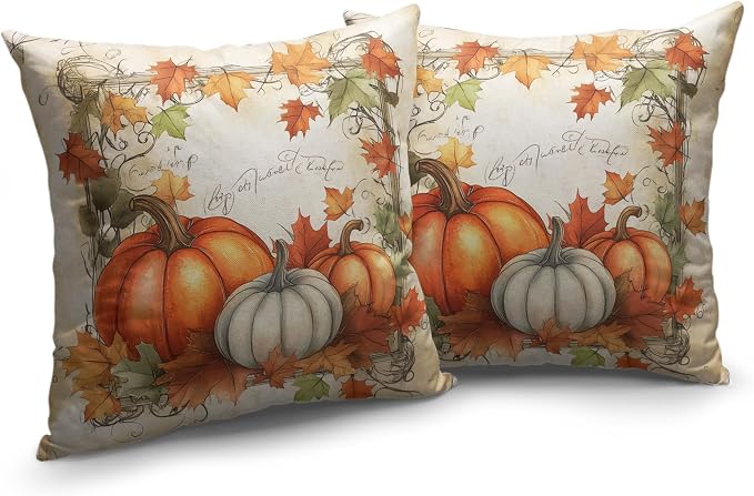 Fall Pillow Covers 16x16 Set of 2 Maple Leaves Pumpkin Pillow Covers Autumn Harvest Pillowcase Thanksgiving Vintage Cushion Case for Home Decor Couch Sofa