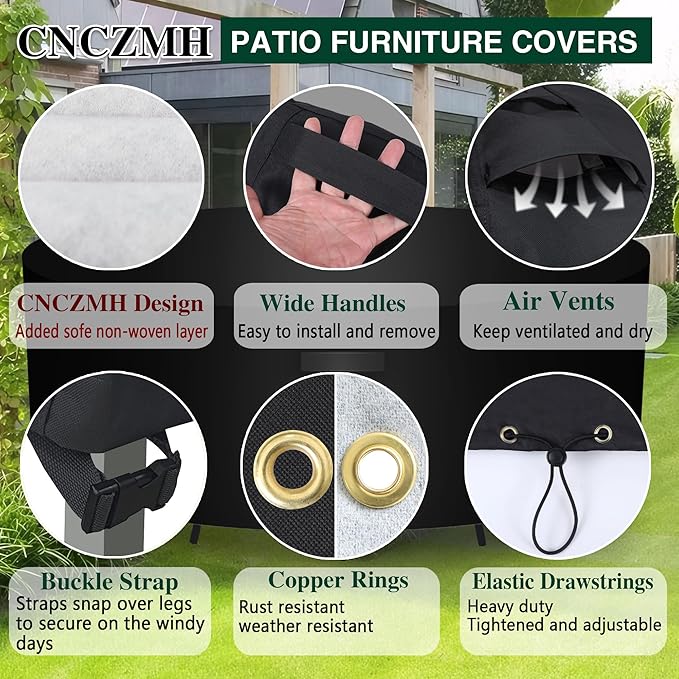 Heavy Duty Patio Furniture Covers Waterproof, 600D Round Outdoor Furniture Cover Waterproof for Sectional Sofa Couch, Outdoor Dining Table and Chair Set Covers 92"DIA x 28"H, Black