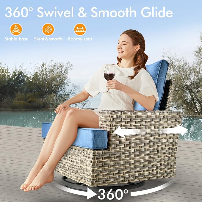 9 Pcs Outdoor Sectional Patio Furniture Set with Fire Pit Table and Swivel Rocking Chairs - All Weather Wicker Modular Outside Sectional Couch,Patio Seating Outdoor Conversation Sets,Blue
