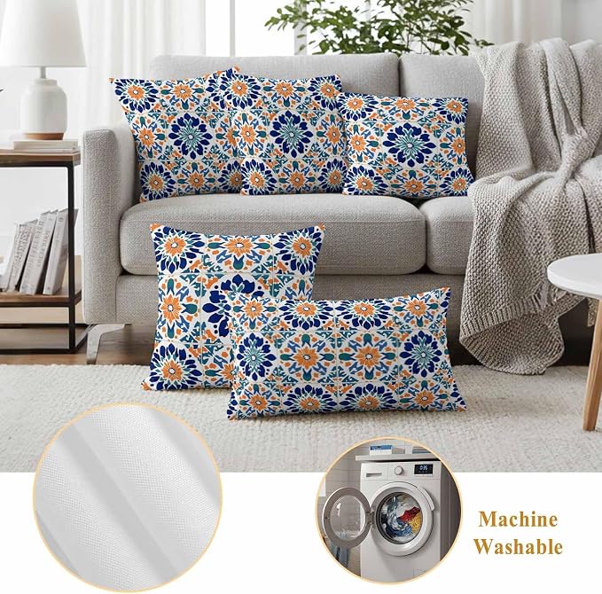 Retro Abstract Geometric Outdoor Pillow Covers Set of 2 Orange Blue Floral Texture Waterproof Throw Pillow Cover Decorative Cushion Cases for Patio Porch Garden 16X16 Inch