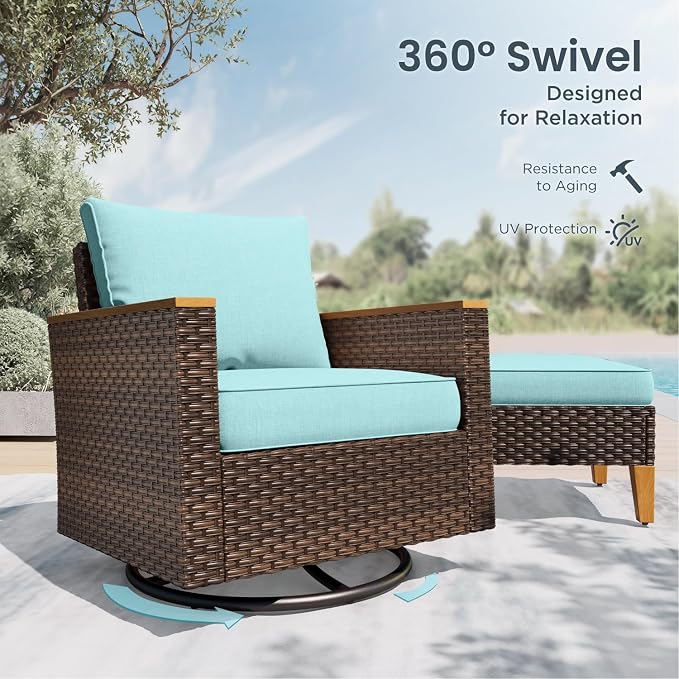 PHI VILLA Wicker Patio Furniture Set with Swivel Chairs, 8 Pieces Outdoor Conversations Set, Oversized Rattan Patio Sectional Sofa Couch with Ottoman, Aqua Blue Cushion