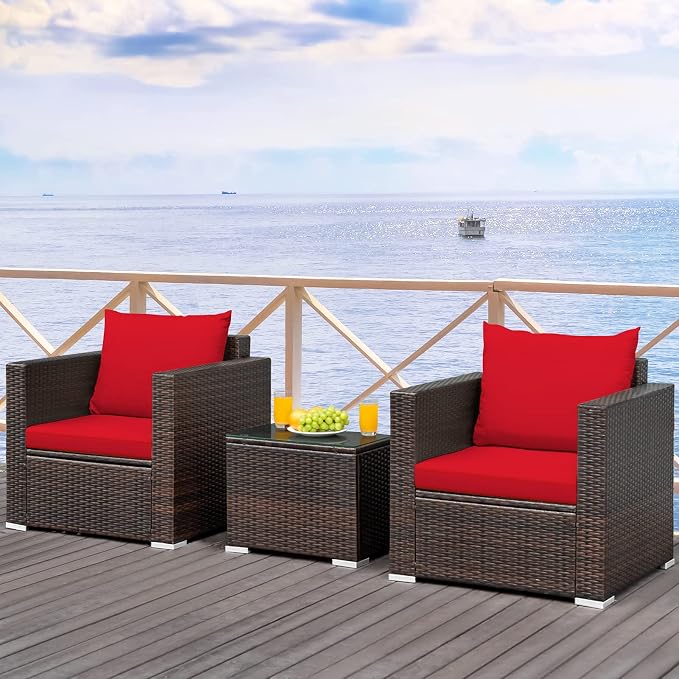 RELAX4LIFE 3-Piece Wicker Bistro Set - Outdoor Patio Rattan Sofa Set w/Washable Cushions & Tempered Glass Coffee Table, Conversation Furniture Set for Backyard, Porch, Garden & Poolside (Red)