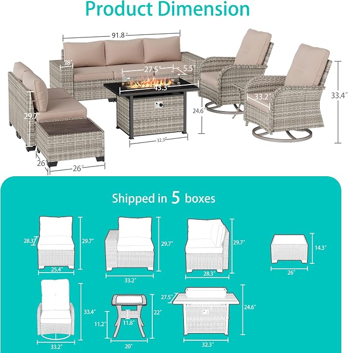 10-Piece Outdoor Patio Furniture Set with Swivel Rocking Chair, Outdoor Sectional Sofa with 55,000 BTU Fire Pit Table PE Wicker Rattan Patio Conversation Set with Coffee Table, Khaki