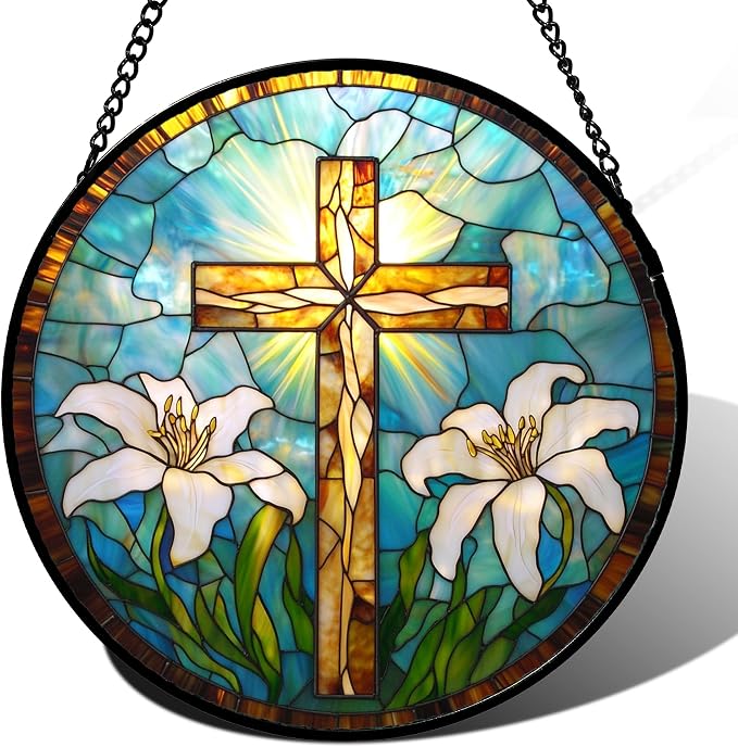 DASTOLL Christian Gifts for Women - Cross Stained Glass Window Hanging Jesus Easter White Lily Flower Sun Catcher Garden Religion Decor Mother's Day Catholic Gift for Men Grandma Mom Her Nana 11.8"