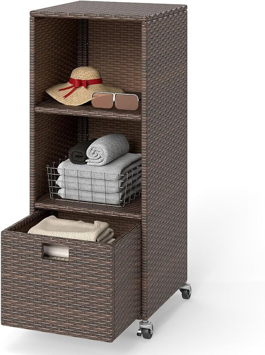 RELAX4LIFE Wicker Outdoor Storage Cabinet - Rattan Pool Towel Rack on Wheels w/Shelves and Drawer, Tall Patio Furniture Outside Caddy Organizer for Porch Deck, Garden Tool & Hot Tub Accessory Storage