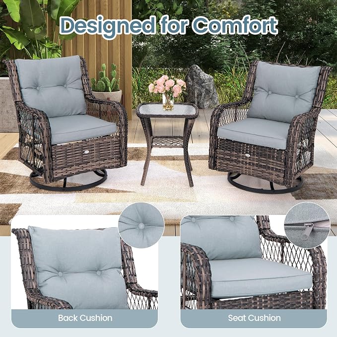HAPPYGRILL 3 Pieces Outdoor Swivel Rocking Bistro Set with Side Table and Soft Cushions, PE Rattan Patio Furniture Set Glider Rocker Chair Set for Porch, Backyard, Garden and Poolside