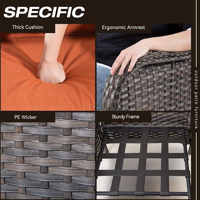 4 Pieces Outdoor Patio Furniture Set Wicker Chairs Set of 2 with Two Ottomans for Backyard, Porch, Balcony(Mixed Grey/Orange)