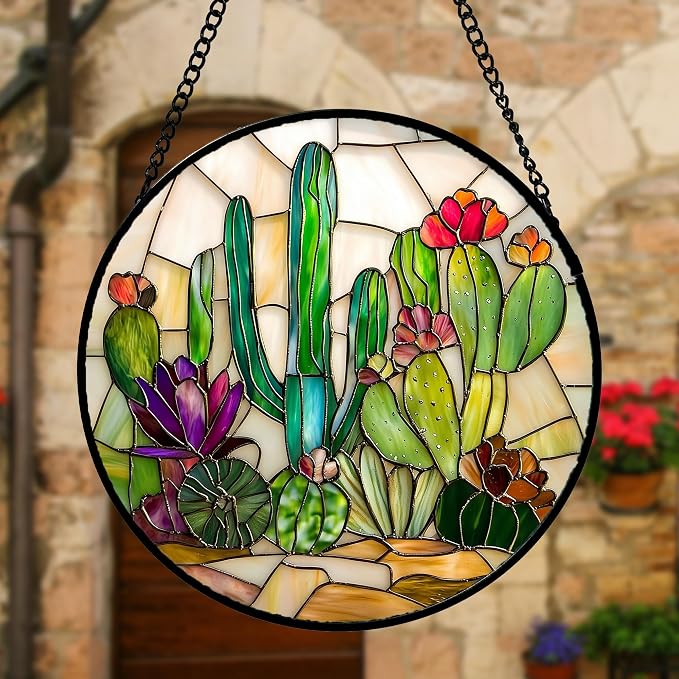 DASTOLL Stained Glass Window Hanging, White Green Cactus Suncatcher Diamond Glass Panel Hangings Sun Catchers Decor for Birthday for Women, Men, Wife, Aunt, and Mom 9.8 in
