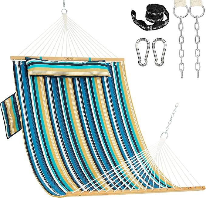 Lazy Daze Hammocks 10.5FT 2 Person Double Quilted Fabric Hammock with Spreader Bar, Detachable Pillow, Side Pocket, Carabiners, Chains, Straps for Outdoor, 450lbs Capacity, Beach Stripes