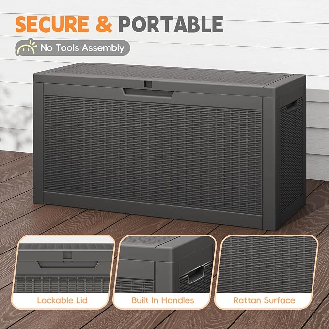 66 Gallon Outdoor Deck Box - Lockable Waterproof Storage Container, Resin Weatherproof Box for Patio Garden Furniture Pool Tools Cushions, Black