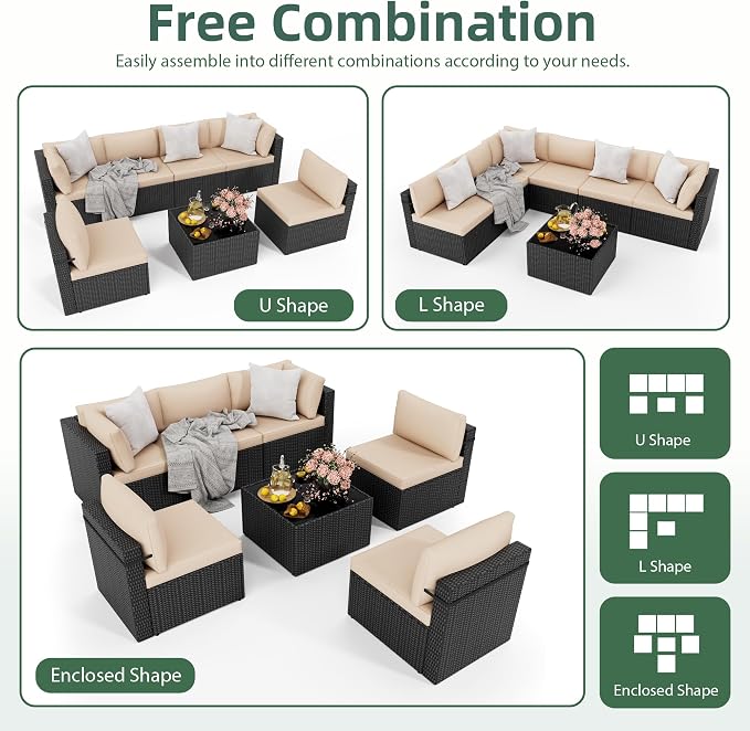 7-Piece Outdoor Sectional Sofa Set, Weather-Resistant Patio Furniture Set with Washable Cushions and Coffee Table, Black Rattan Patio Conversation Set for Poolside, Backyard, Deck (Beige)