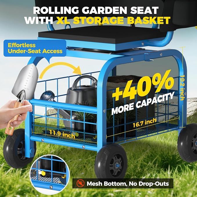 Suntee Garden Seat with Wheels, Rolling Gardening Stool with 360° Swivel Seat & Backrest,Tool Storage Basket & Back Tool Pouch, Adjustable Handle, Outdoor Gardening Scooter, Garden Cart for Seniors