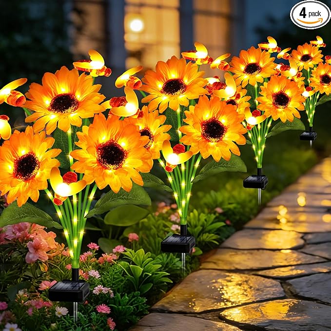 Kohlrabi Solar Garden Lights-4 Pack Solar Sunflowers with Swaying Bees, Gifts for Mom Women Mothers Day Birthday, Waterproof Sunflower Light for Outdoor Patio Yard Decor