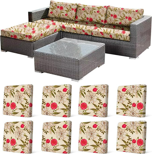 CALBODE 8Pcs Stretch Patio Cushion Cover, Floral Couch & Sofa Slipcovers for Patio Furniture Cushions Washable Reusable Couch Covers Replacement for All-Season (Rosy Pink Floral,Cover Only)