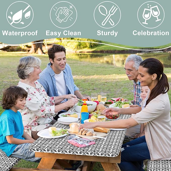 misaya Picnic Table Cover with Bench Cover, Waterproof Elastic Fitted Tablecloth for 5 Foot Tables, Rectangle Washable Polyester Tablecloths for Picnic, Camping, Outdoor (Black, 30" x 60")
