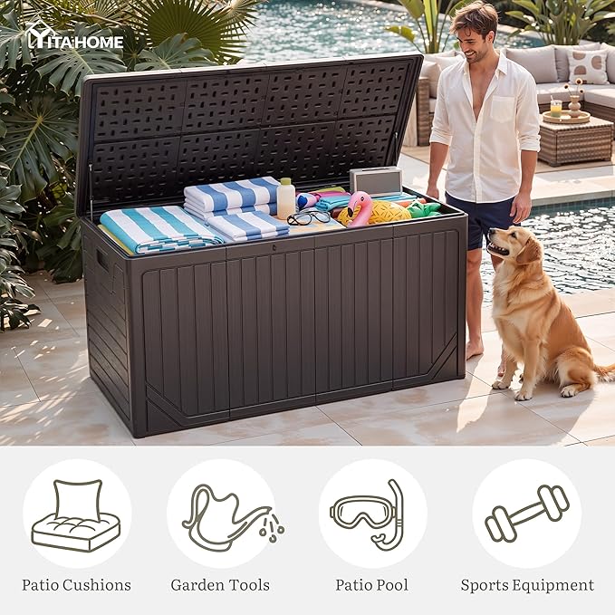 YITAHOME XXL 300 Gallon Extra Large Outdoor Deck Box, Lockable Resin Double-Wall Storage Box and Waterproof Patio Furniture Bin for Garden Tools & Pool Accessories, Brown