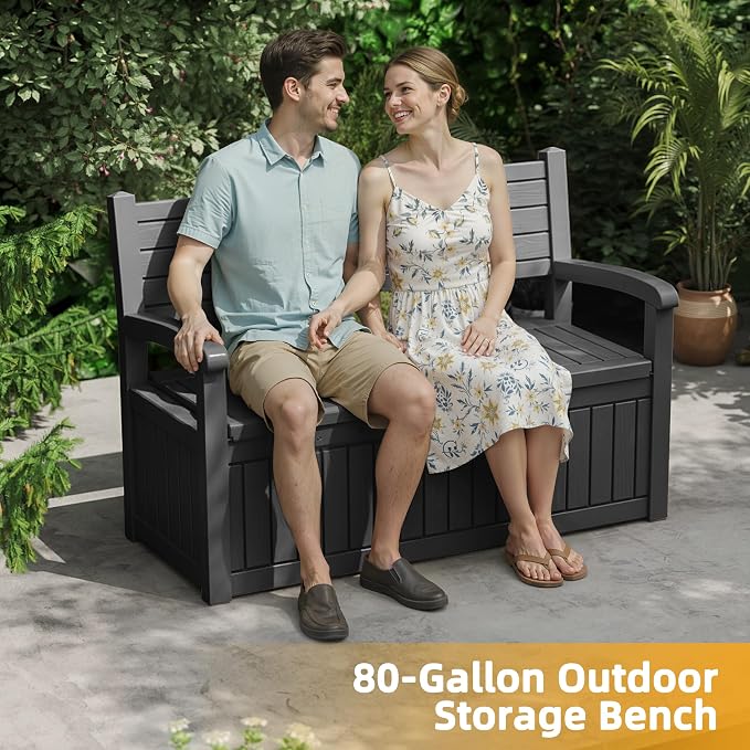 EasyUp 80 Gallon Wood Grain Style Outdoor Storage Bench, Waterproof and Lockable Deck Box Outdoor Storage Furniture for Patio,Garden,and Porch-Perfect for Storing Garden Tools(Black Srtipe)