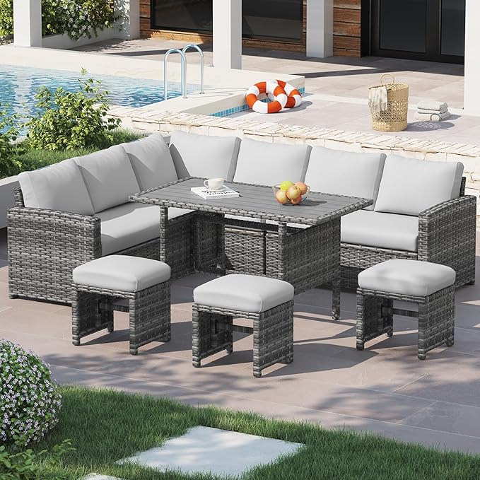 U-MAX 7 Pieces Patio Furniture Set with Waterproof Cover, Outdoor Sectional Sofa Conversation Set, All Weather Wicker Rattan Dining Table & Chair with Ottoman, Grey Rattan&Light Grey Cushion