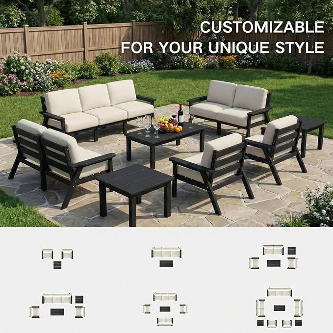 Kingdura HDPE Patio Furniture Set, 3 Piece Outdoor Sectional Sofa with Coffee Table, All Weather Outdoor Couch Conversation Set with Washable Cushions for Backyard Poolside Balcony