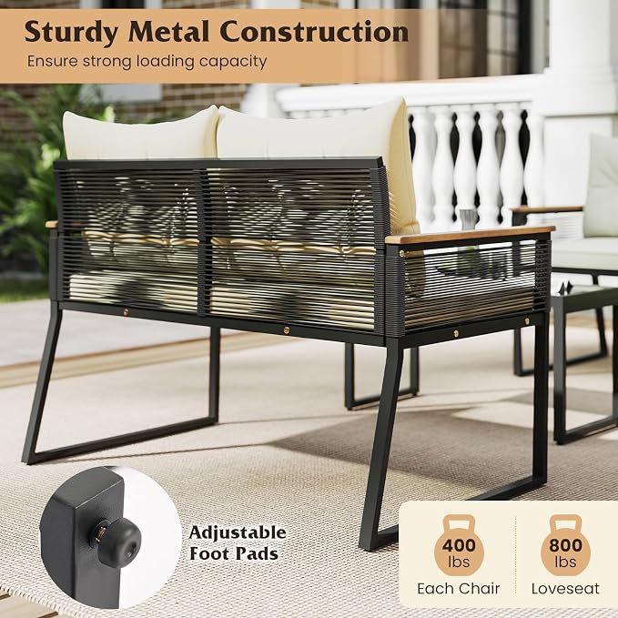Tangkula 4 Pieces Patio Wicker Furniture Set, Heavy Duty Outdoor Cushioned Conversation Set with Tempered Glass Coffee Table, for Garden, Yard and Poolside (Off White,2)