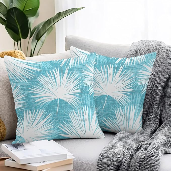 Throw Pillow Covers 26x26 Inch Set of 2, Aqua Blue Palm Leaves Coastal Waterproof Outdoor Pillow Covers, Summer Tropical Botanical Decorative Cushion Pillowcases for Couch, Sofa, Bed, Garden, Patio