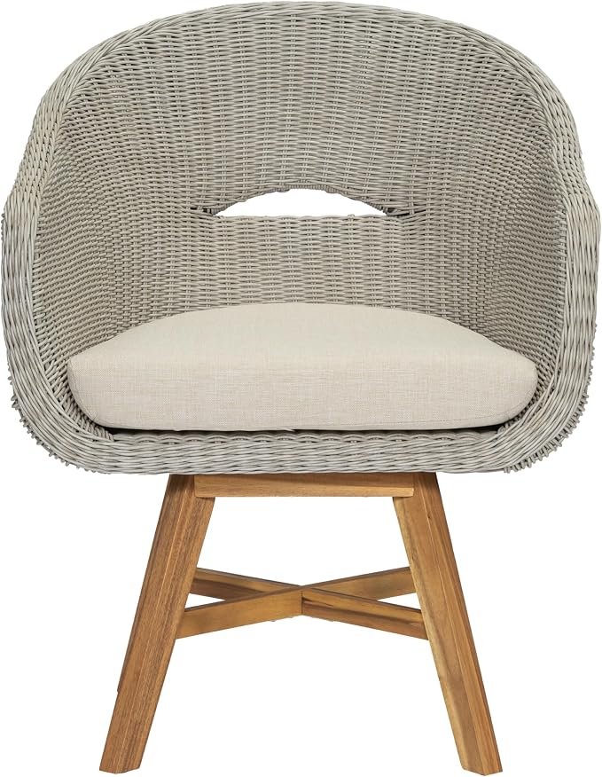 Christopher Knight Home Ambes 7 Piece Acacia Wood Outdoor Dining Set for 6, Patio Dining Table and Chair Set with Curved Rattan Backrest & Cushions, Outdoor Dining Table Set, Beige+Grey Ash+Brown