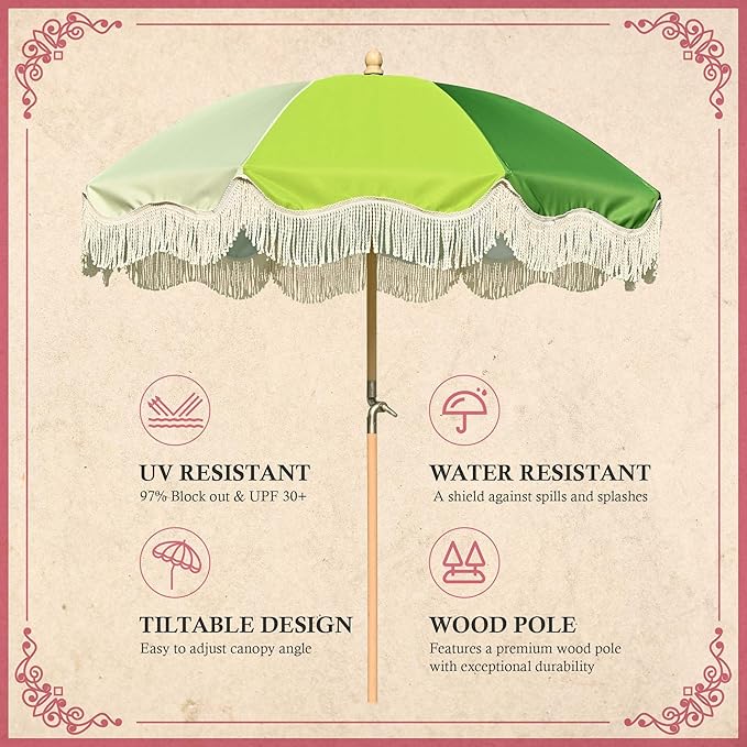 LAGarden Fringe Patio Umbrella with Carry Bag & Cover Vintage Wood for Event Outdoor Garden Yard Wedding Bistro Table