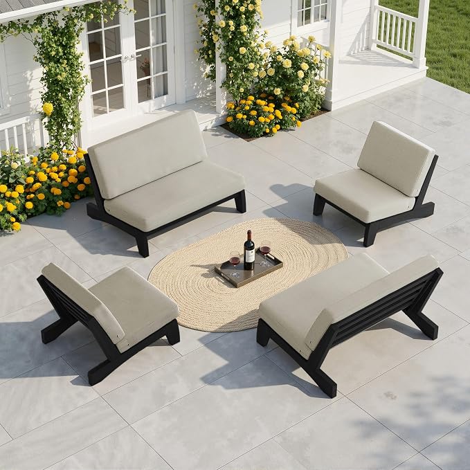 Pia Ricoo 4 Piece Patio Furniture Sets, Outdoor Furniture with 2 Chairs & Coffee Table, Patio Conversation Set for Backyard, Deck, Lawn, Light Camel, Dark Wood