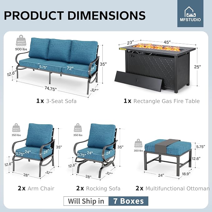 MFSTUDIO 8 Pieces Patio Furniture Sets with 45" Gas Fire Pit Table, Metal Outdoor Conversation Sofa Set with 1 x 3-Seat Sofa, 2 Single Chairs, 2 Rocking Chairs and 2 Ottoman, Peacock Blue Cushion