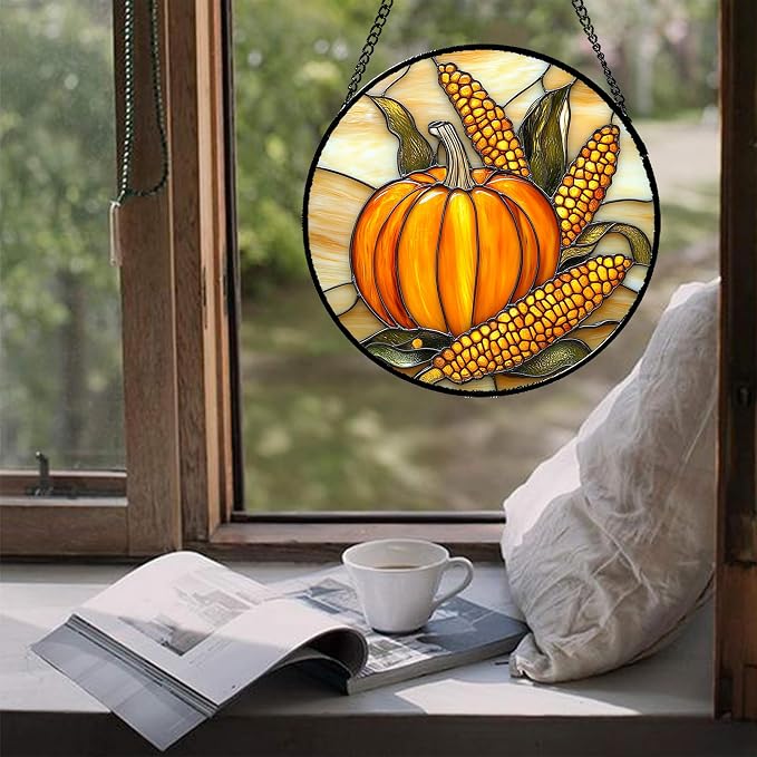 DASTOLL Stained Glass Window Hanging Autumn Harvest Pumpkin Corn Large 11.8" - Suncatcher Door Garden Kitchen Sunroom Sun Catcher Fall Home Decor Birthday for Mom Grandma Men Woman
