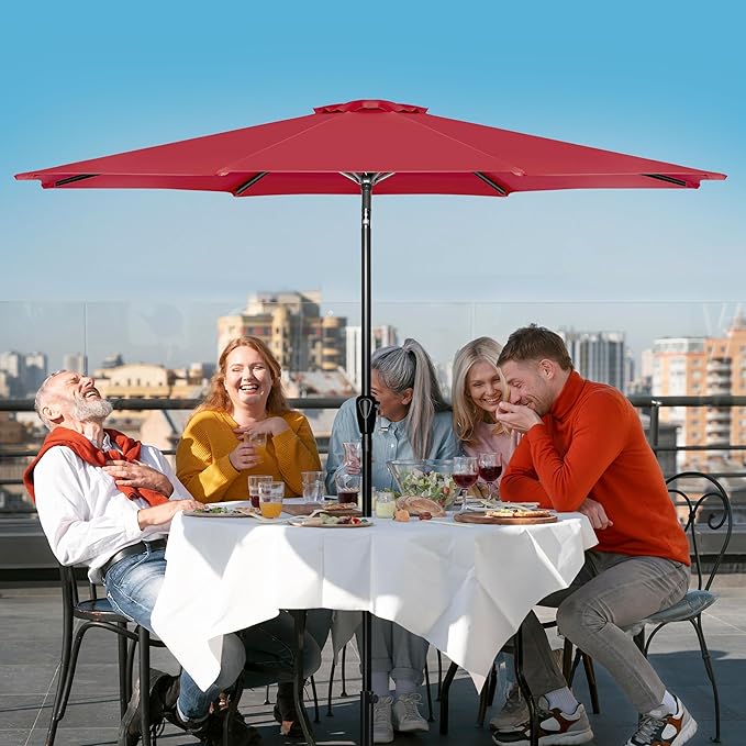 Simple Deluxe 9ft Patio Umbrella Outdoor UV-proof, Table Market Umbrella with Push Button Tilt and Crank, 8 Sturdy Ribs for Garden, Backyard, Pool, Deck, Red